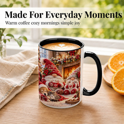 #pl[15oz|Black] Cozy Christmas Gnome Coffee Mug, Fireplace Holiday Mug, Ceramic Cup