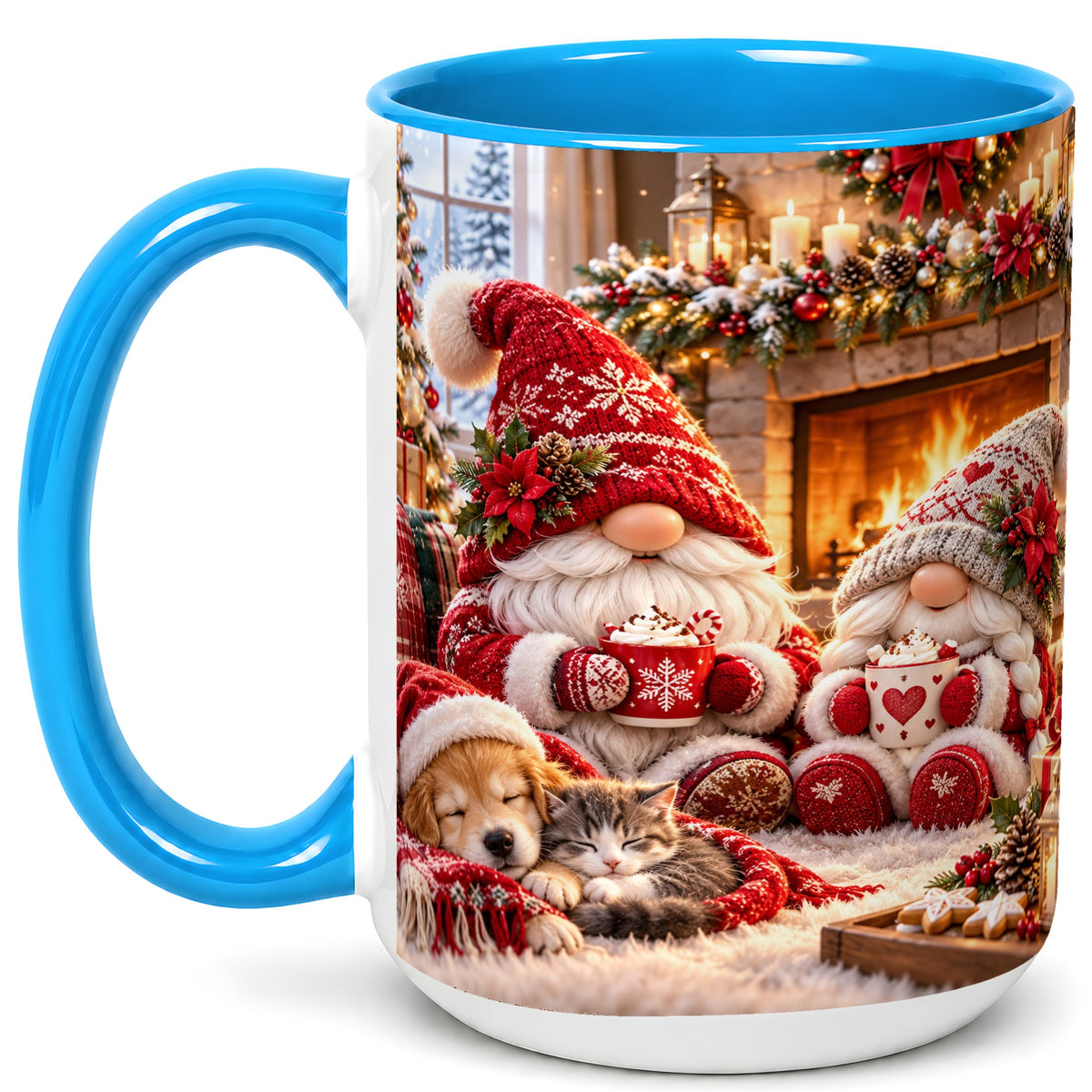 #pl[15oz|Blue] Cozy Christmas Gnome Coffee Mug, Fireplace Holiday Mug, Ceramic Cup