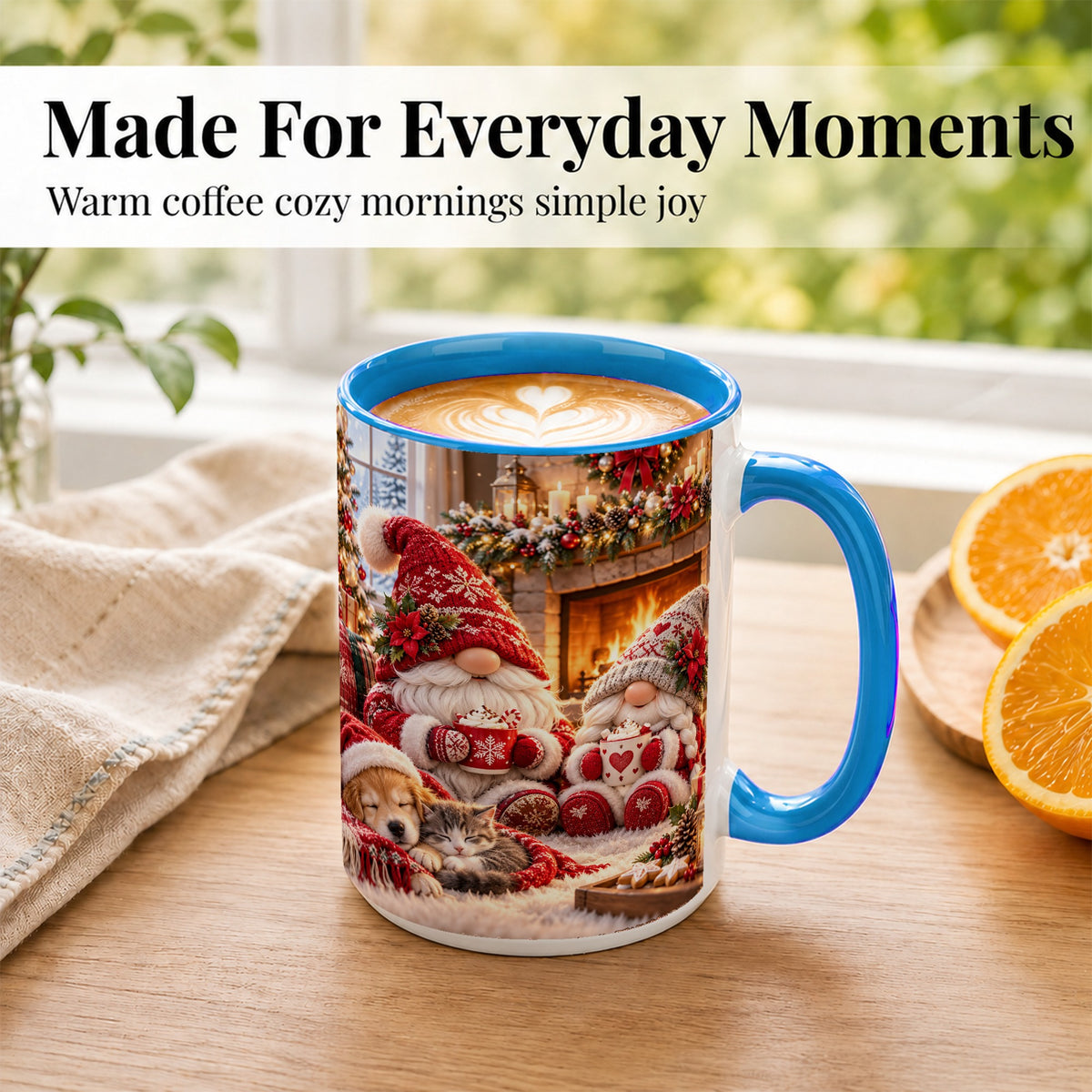#pl[15oz|Blue] Cozy Christmas Gnome Coffee Mug, Fireplace Holiday Mug, Ceramic Cup
