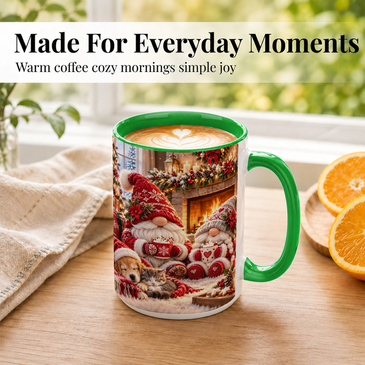 #pl[15oz|Green] Cozy Christmas Gnome Coffee Mug, Fireplace Holiday Mug, Ceramic Cup