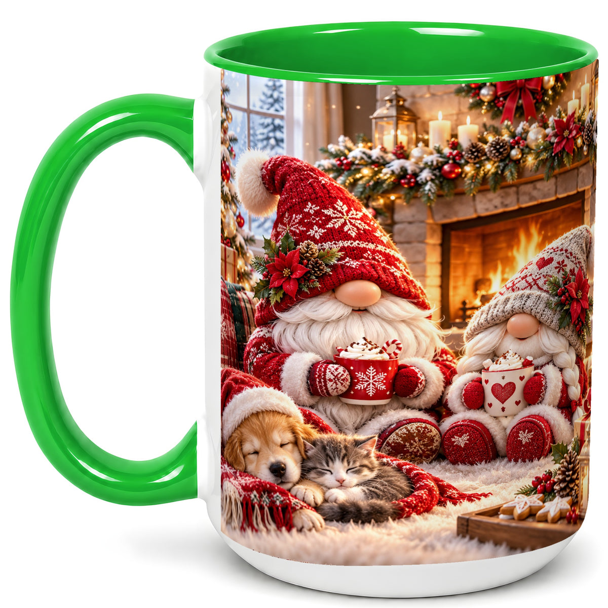 #pl[15oz|Green] Cozy Christmas Gnome Coffee Mug, Fireplace Holiday Mug, Ceramic Cup