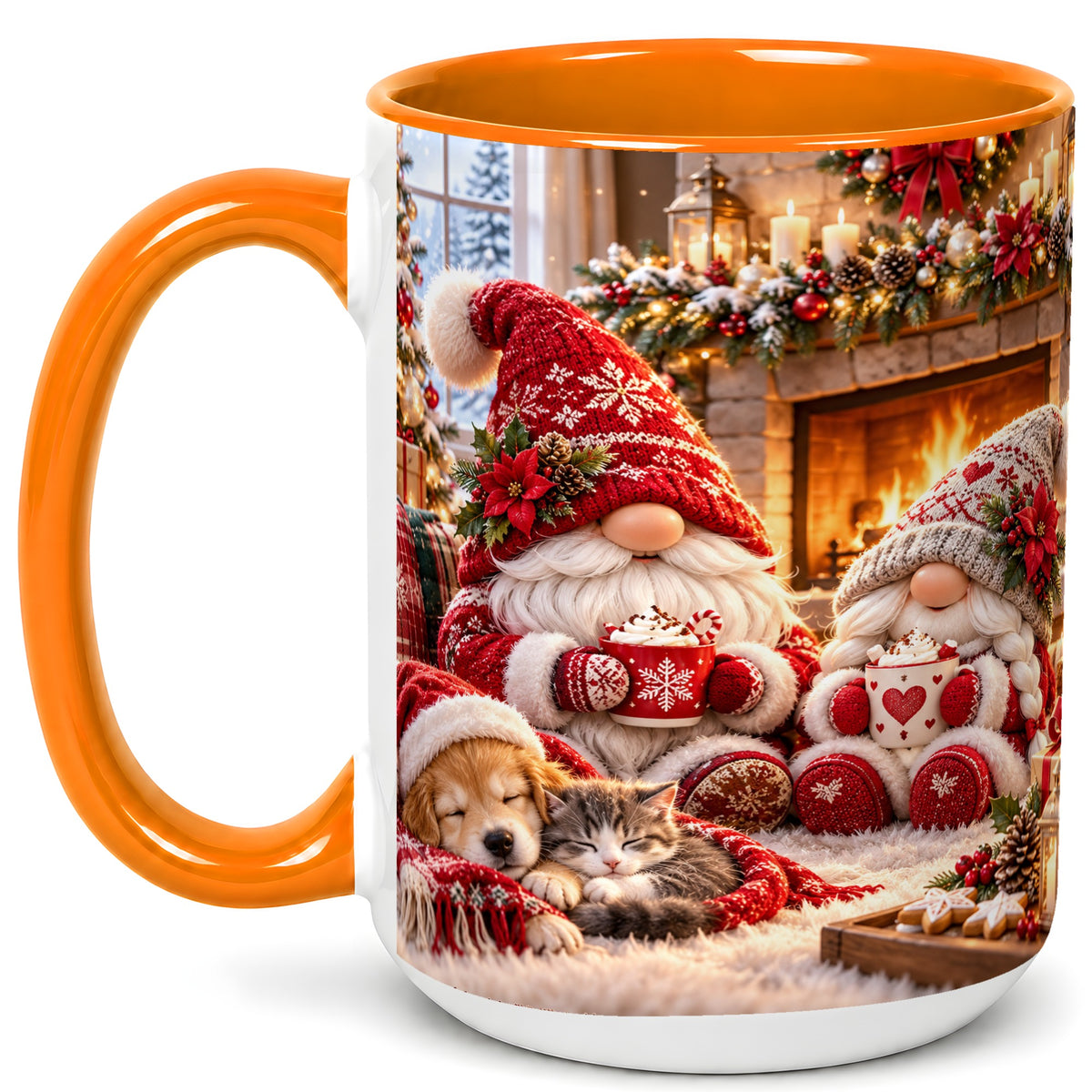 #pl[15oz|Orange] Cozy Christmas Gnome Coffee Mug, Fireplace Holiday Mug, Ceramic Cup