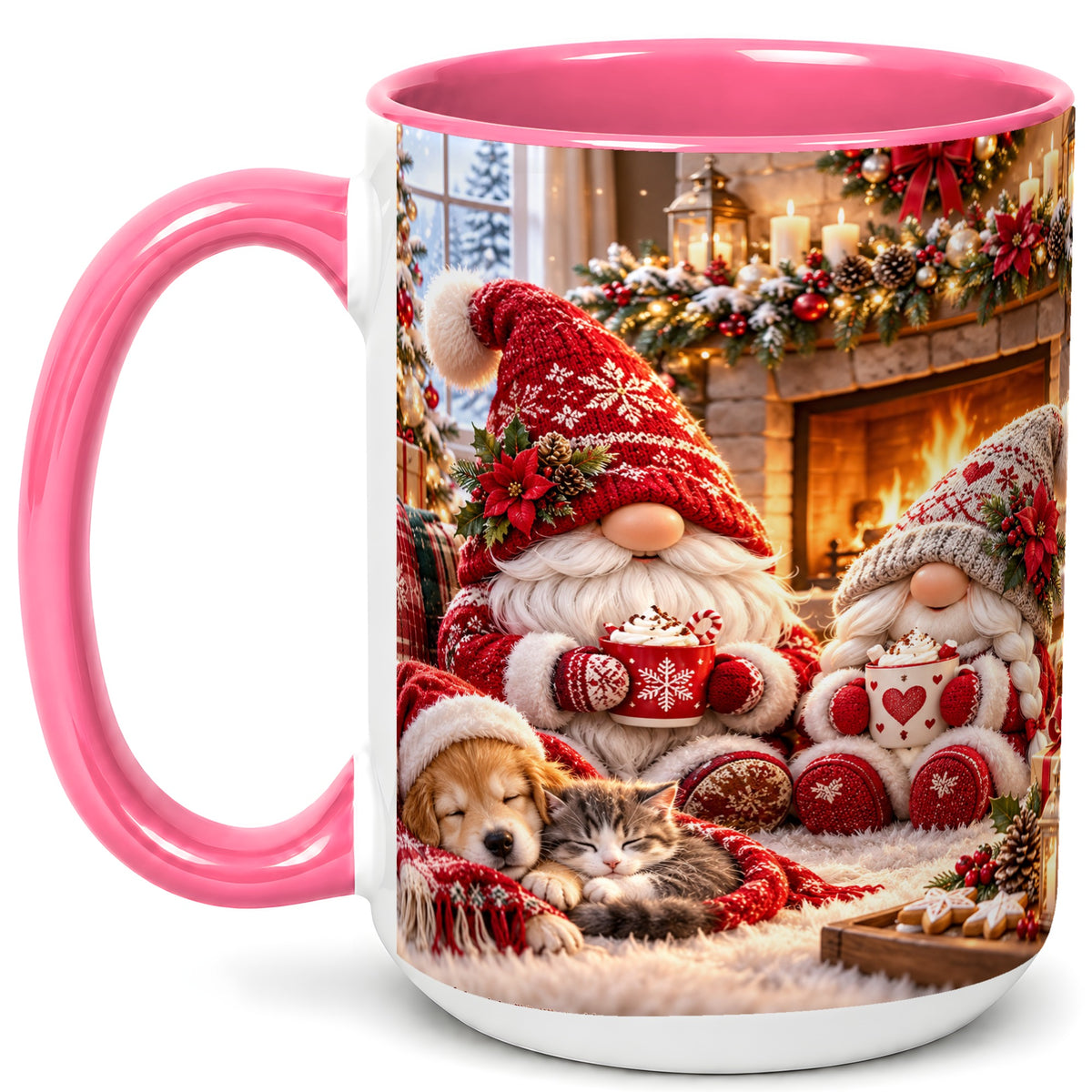 #pl[15oz|Pink] Cozy Christmas Gnome Coffee Mug, Fireplace Holiday Mug, Ceramic Cup
