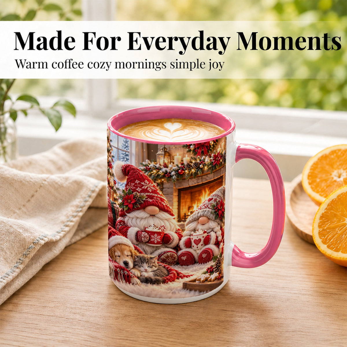 #pl[15oz|Pink] Cozy Christmas Gnome Coffee Mug, Fireplace Holiday Mug, Ceramic Cup