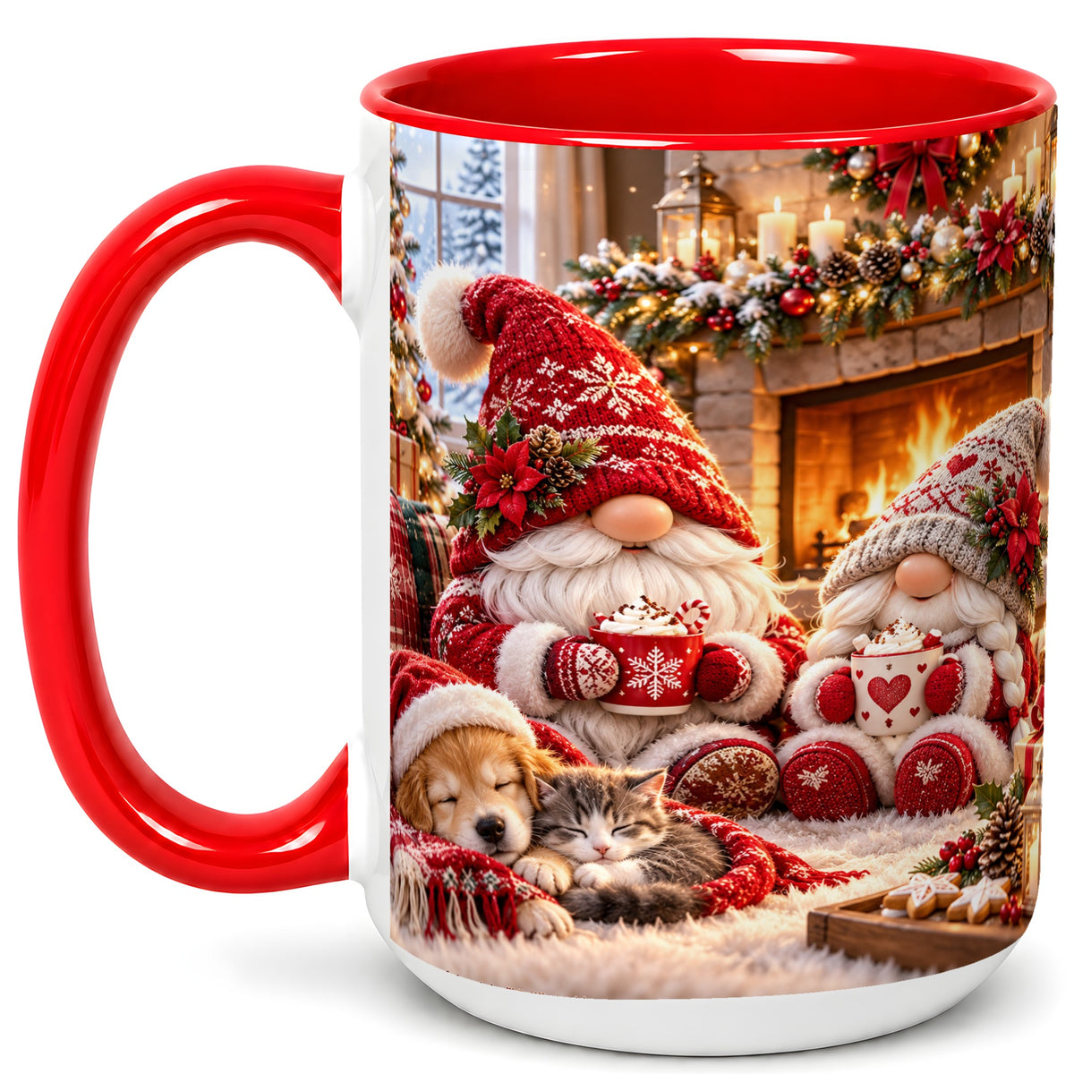 #pl[15oz|Red] Cozy Christmas Gnome Coffee Mug, Fireplace Holiday Mug, Ceramic Cup