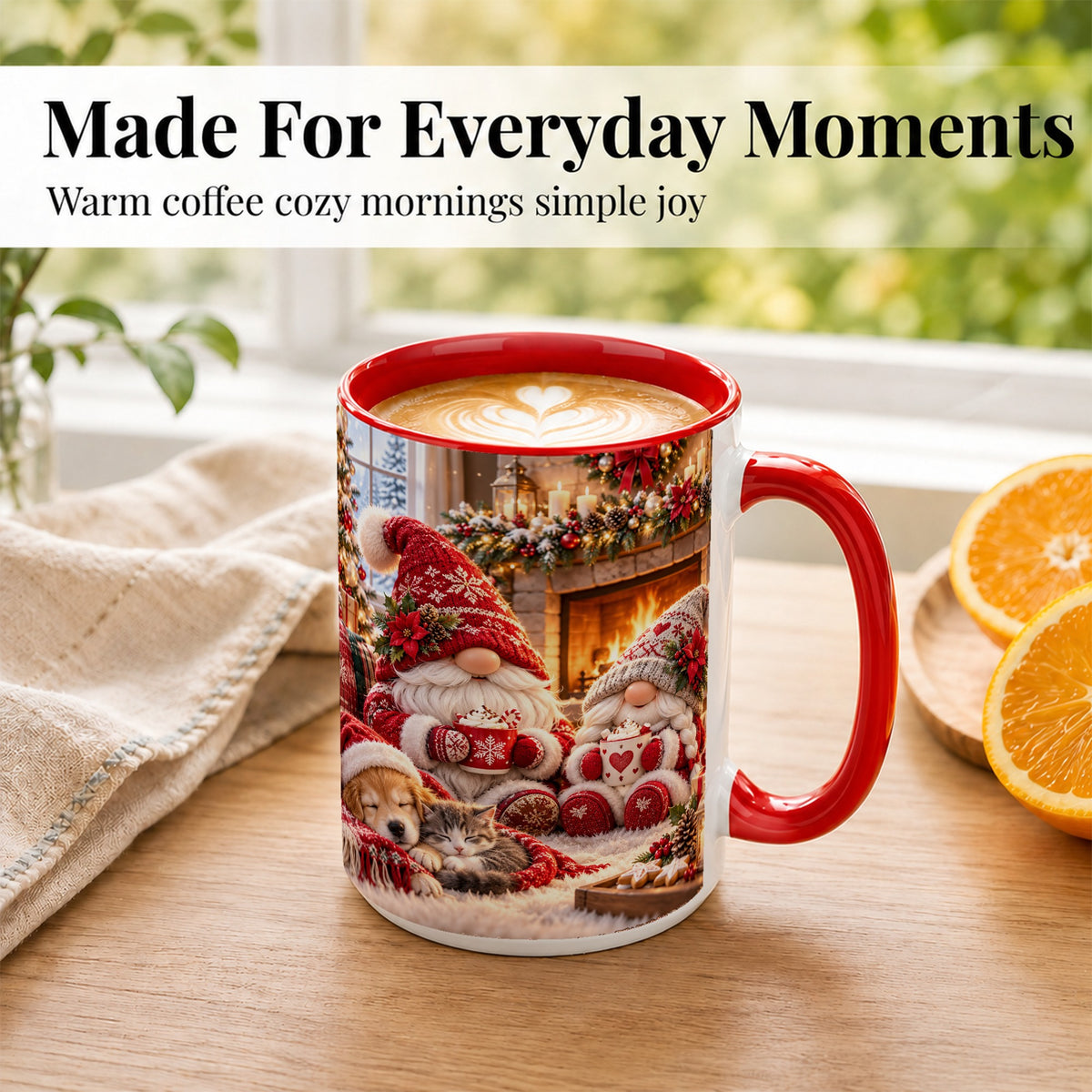 #pl[15oz|Red] Cozy Christmas Gnome Coffee Mug, Fireplace Holiday Mug, Ceramic Cup