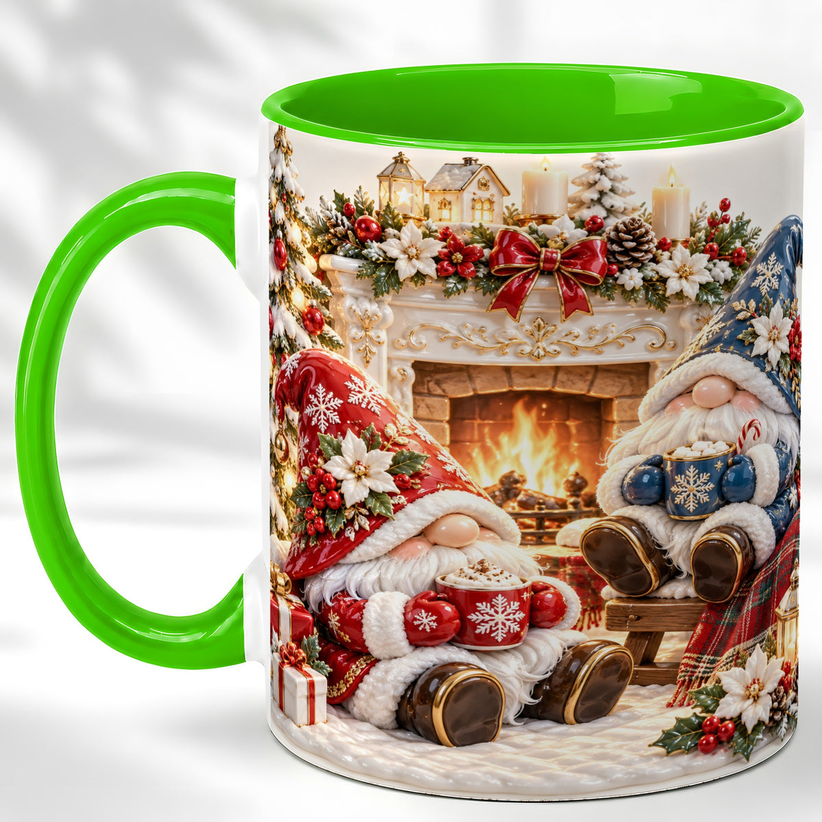 #pl[11oz|Green] Christmas Gnome Coffee Mug, Holiday Fireplace Mug, Ceramic Cup