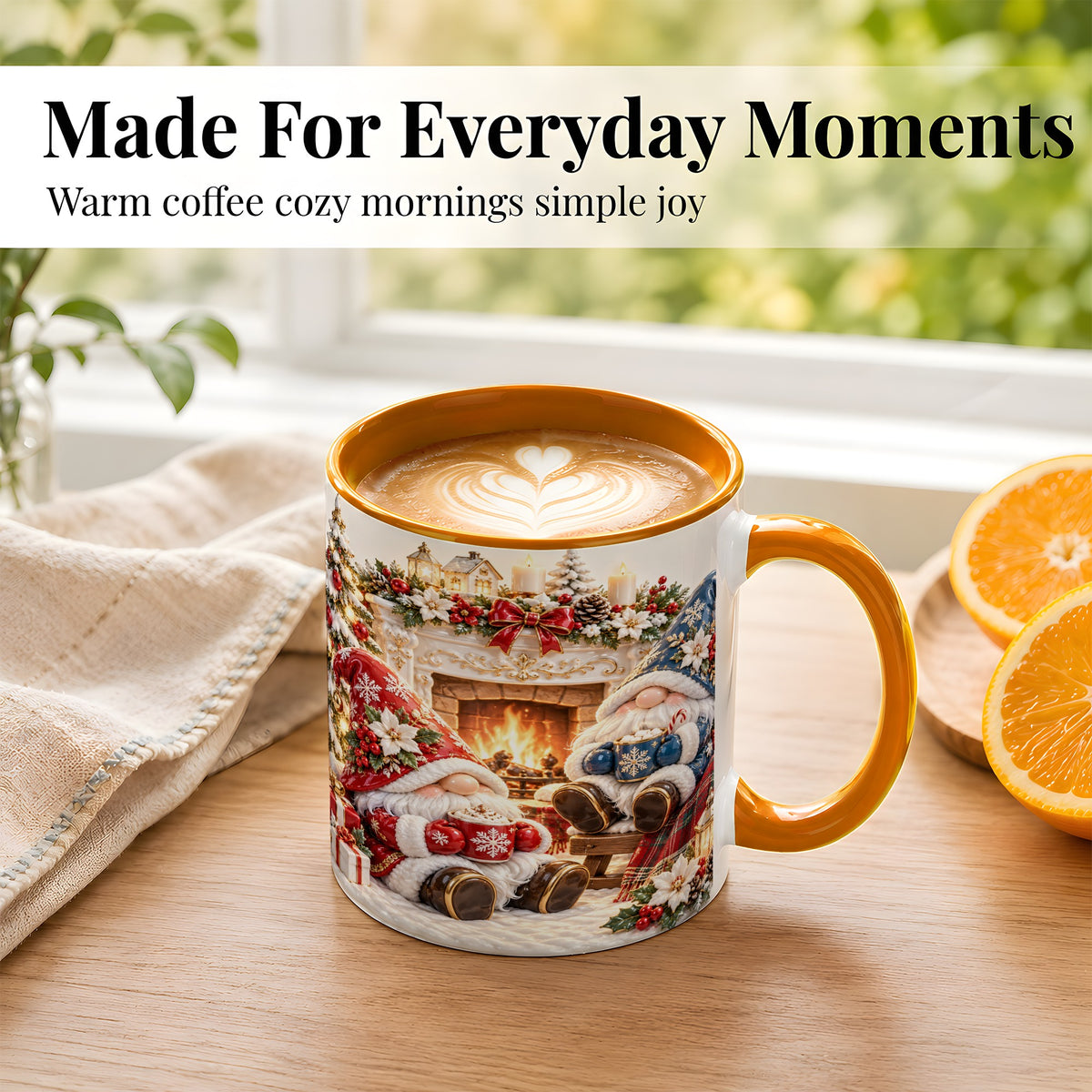 #pl[11oz|Orange] Christmas Gnome Coffee Mug, Holiday Fireplace Mug, Ceramic Cup