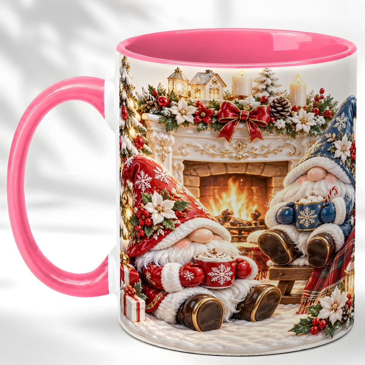 #pl[11oz|Pink] Christmas Gnome Coffee Mug, Holiday Fireplace Mug, Ceramic Cup