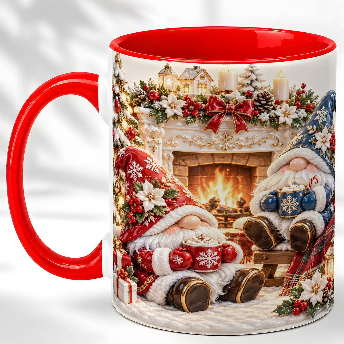 Christmas Gnome Coffee Mug, Holiday Fireplace Mug, Ceramic Cup