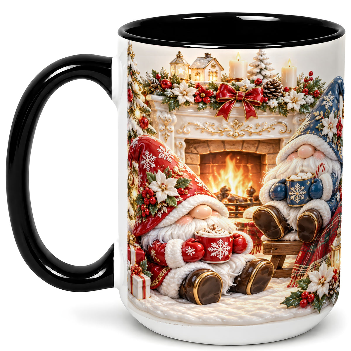 #pl[15oz|Black] Christmas Gnome Coffee Mug, Holiday Fireplace Mug, Ceramic Cup