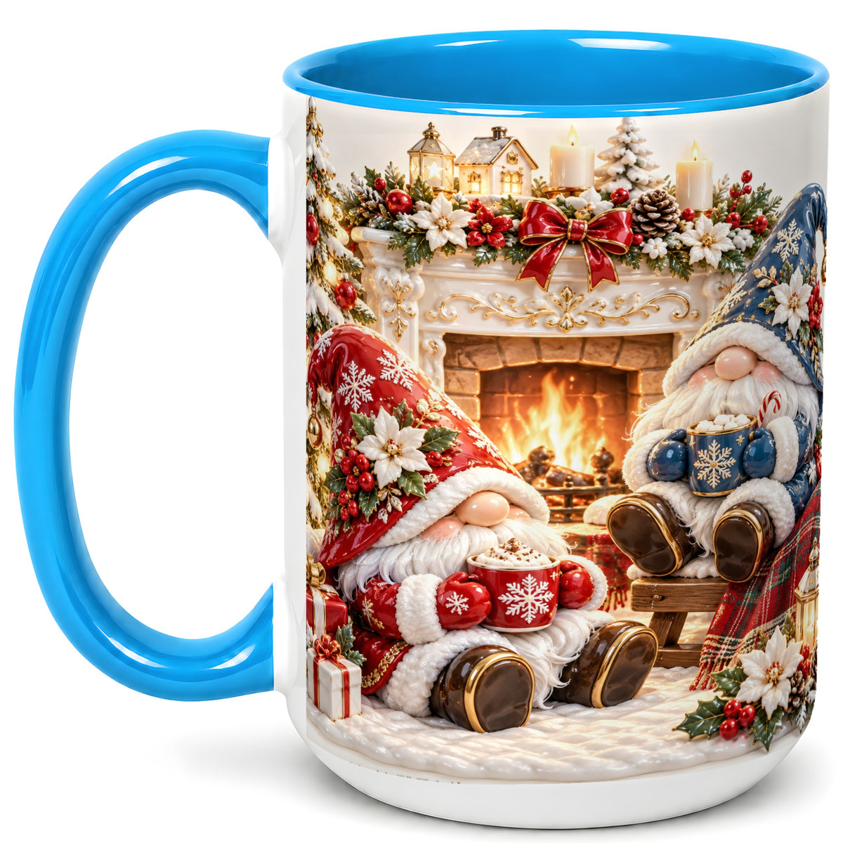 #pl[15oz|Blue] Christmas Gnome Coffee Mug, Holiday Fireplace Mug, Ceramic Cup