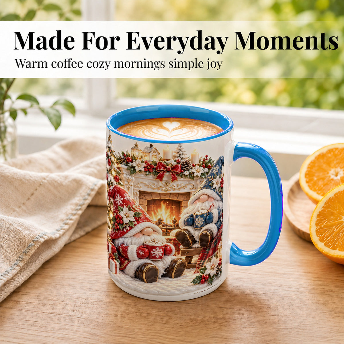 #pl[15oz|Blue] Christmas Gnome Coffee Mug, Holiday Fireplace Mug, Ceramic Cup
