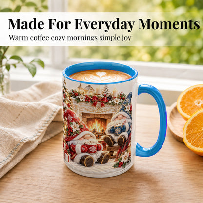 #pl[15oz|Blue] Christmas Gnome Coffee Mug, Holiday Fireplace Mug, Ceramic Cup