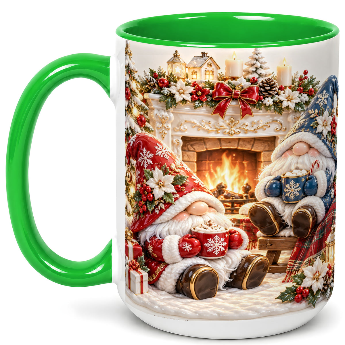 #pl[15oz|Green] Christmas Gnome Coffee Mug, Holiday Fireplace Mug, Ceramic Cup