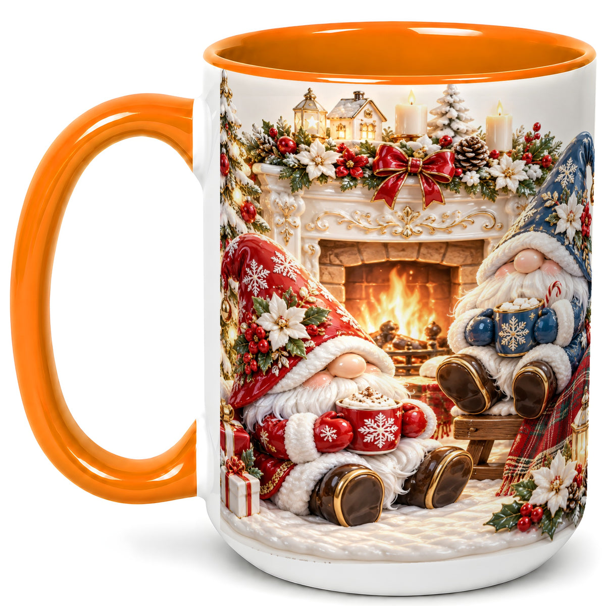 #pl[15oz|Orange] Christmas Gnome Coffee Mug, Holiday Fireplace Mug, Ceramic Cup