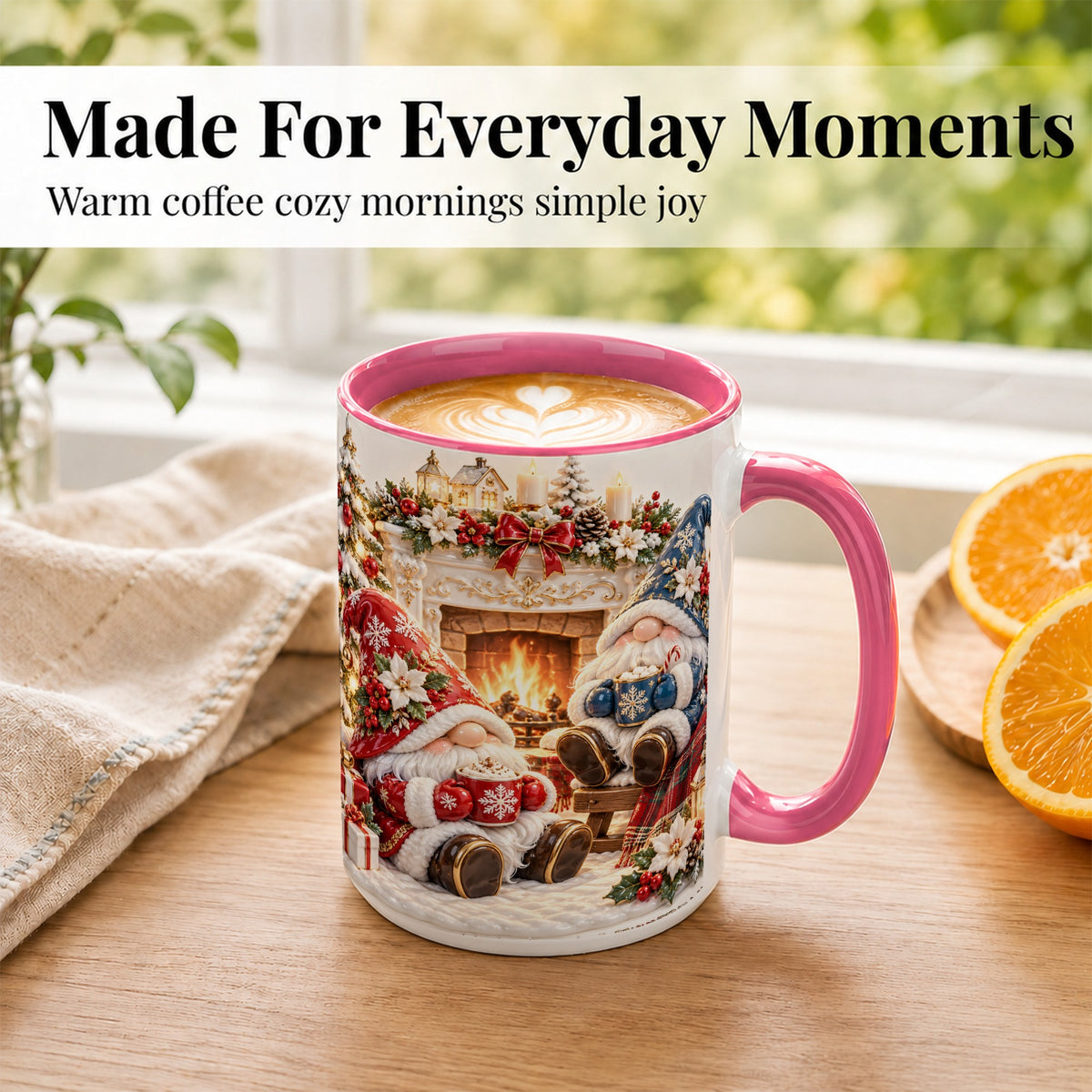 #pl[15oz|Pink] Christmas Gnome Coffee Mug, Holiday Fireplace Mug, Ceramic Cup
