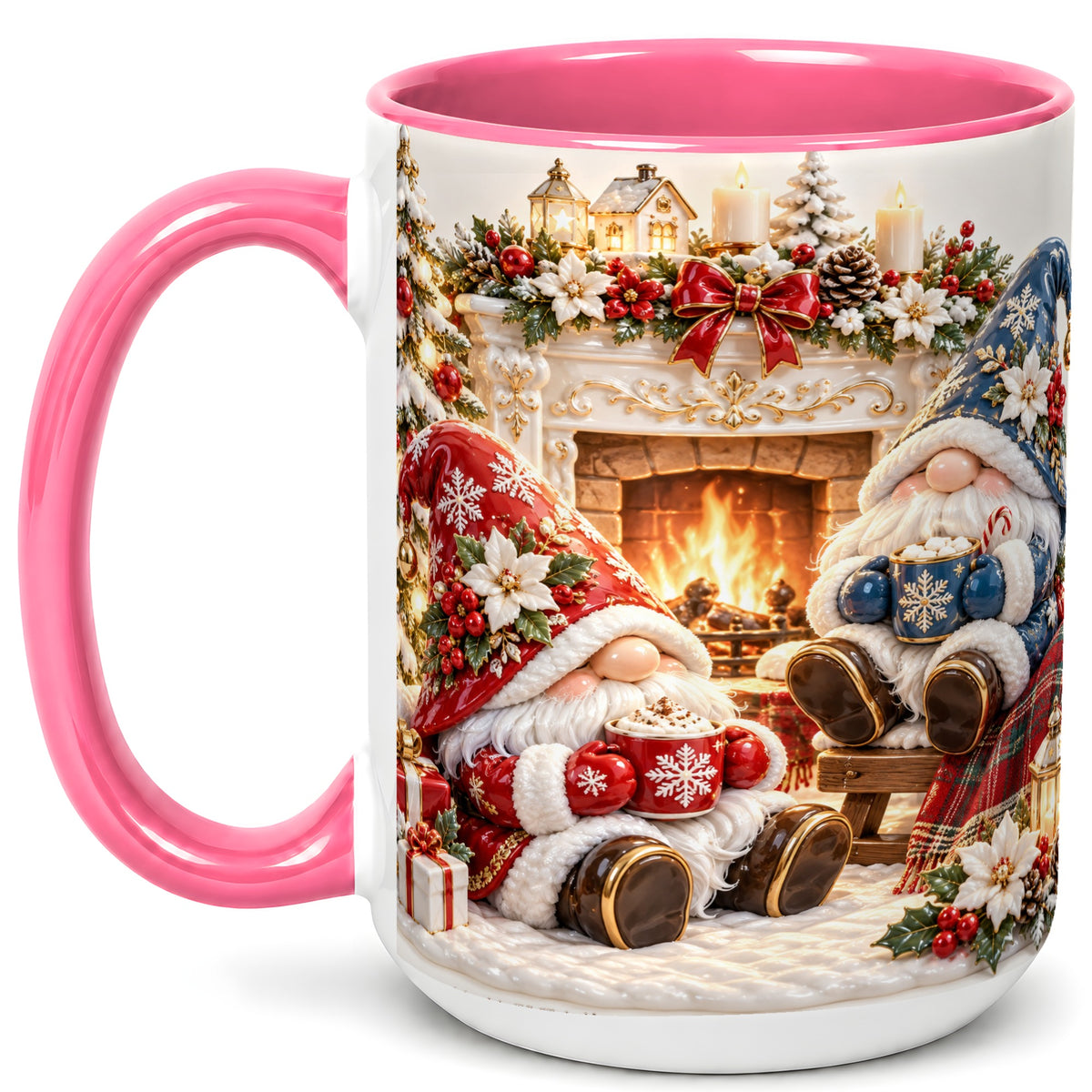 #pl[15oz|Pink] Christmas Gnome Coffee Mug, Holiday Fireplace Mug, Ceramic Cup