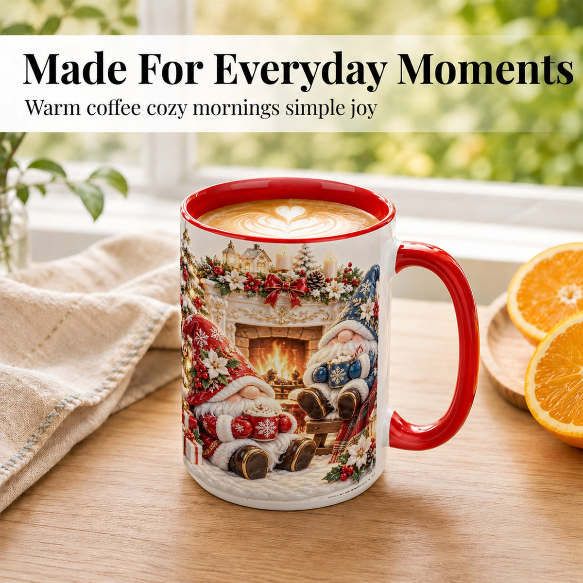 #pl[15oz|Red] Christmas Gnome Coffee Mug, Holiday Fireplace Mug, Ceramic Cup