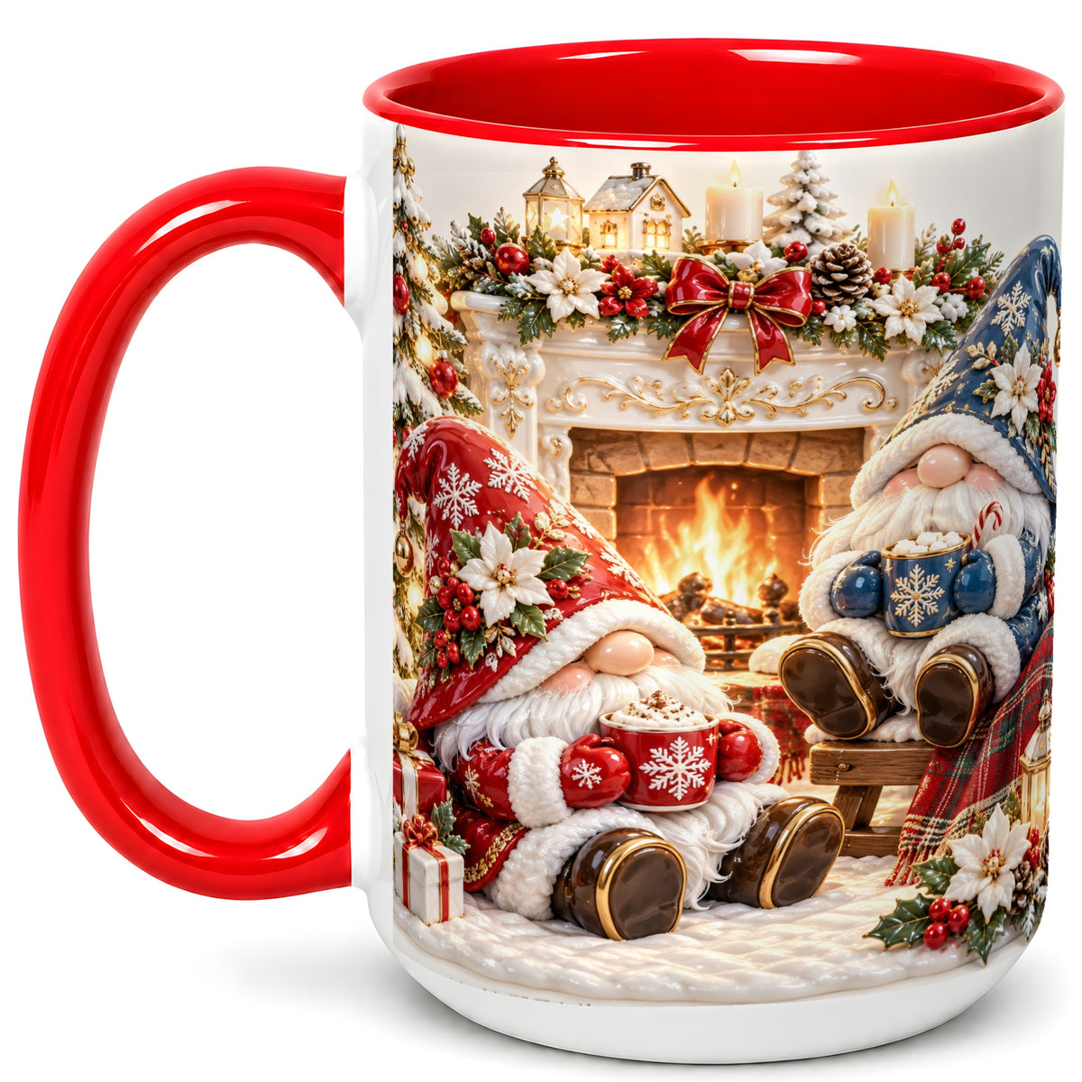 #pl[15oz|Red] Christmas Gnome Coffee Mug, Holiday Fireplace Mug, Ceramic Cup