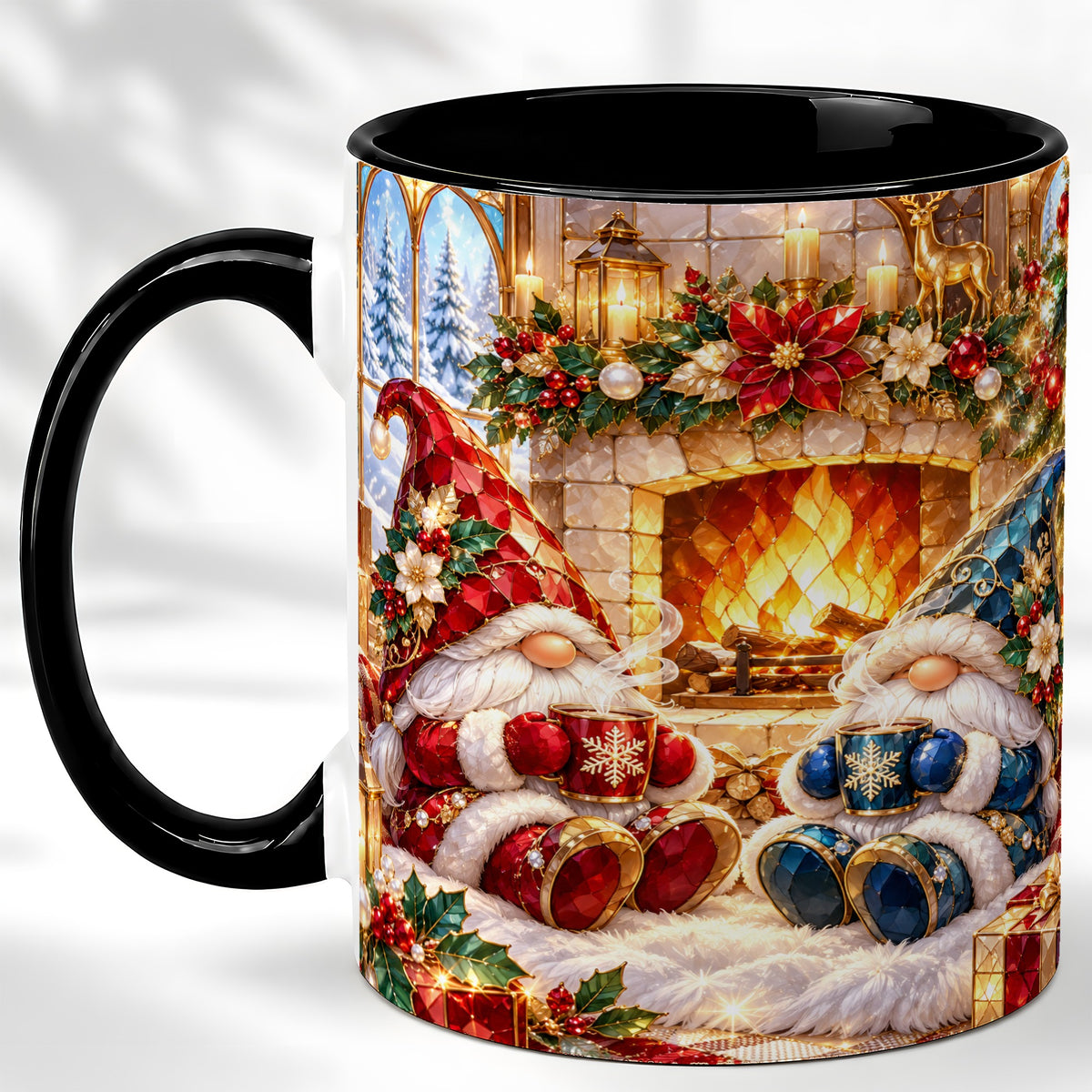 #pl[11oz|Black] Christmas Gnome Coffee Mug, Cozy Fireplace Mug, Ceramic Cup