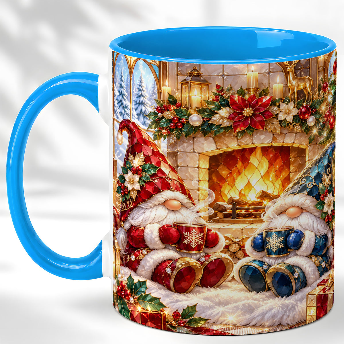 #pl[11oz|Blue] Christmas Gnome Coffee Mug, Cozy Fireplace Mug, Ceramic Cup