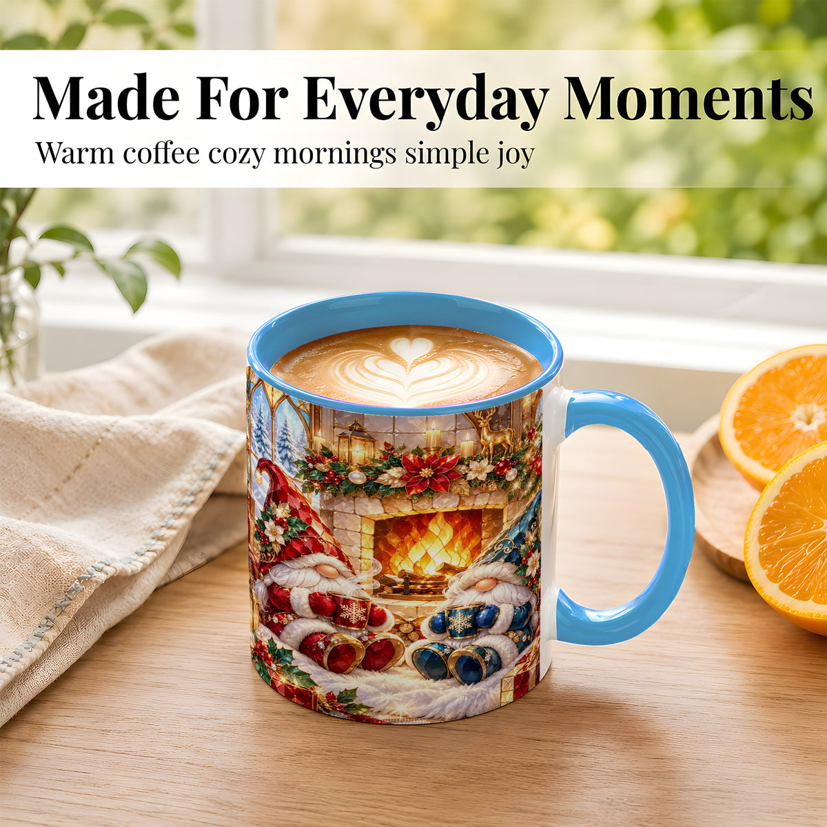 #pl[11oz|Blue] Christmas Gnome Coffee Mug, Cozy Fireplace Mug, Ceramic Cup