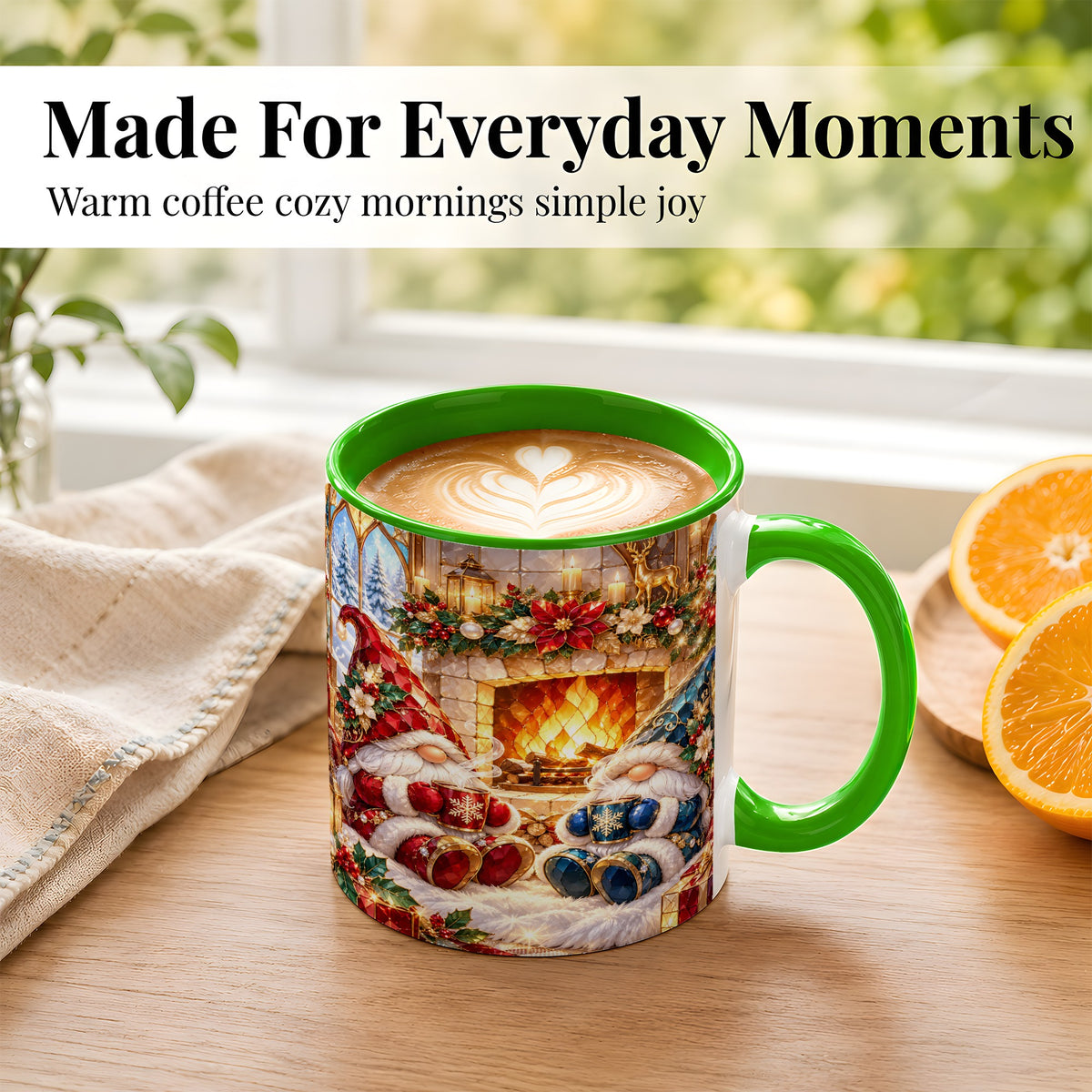 #pl[11oz|Green] Christmas Gnome Coffee Mug, Cozy Fireplace Mug, Ceramic Cup