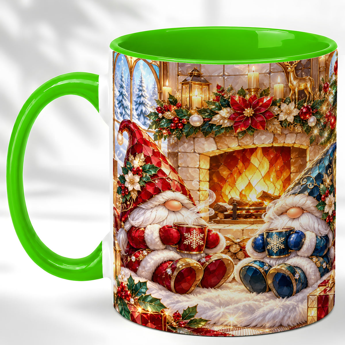 #pl[11oz|Green] Christmas Gnome Coffee Mug, Cozy Fireplace Mug, Ceramic Cup