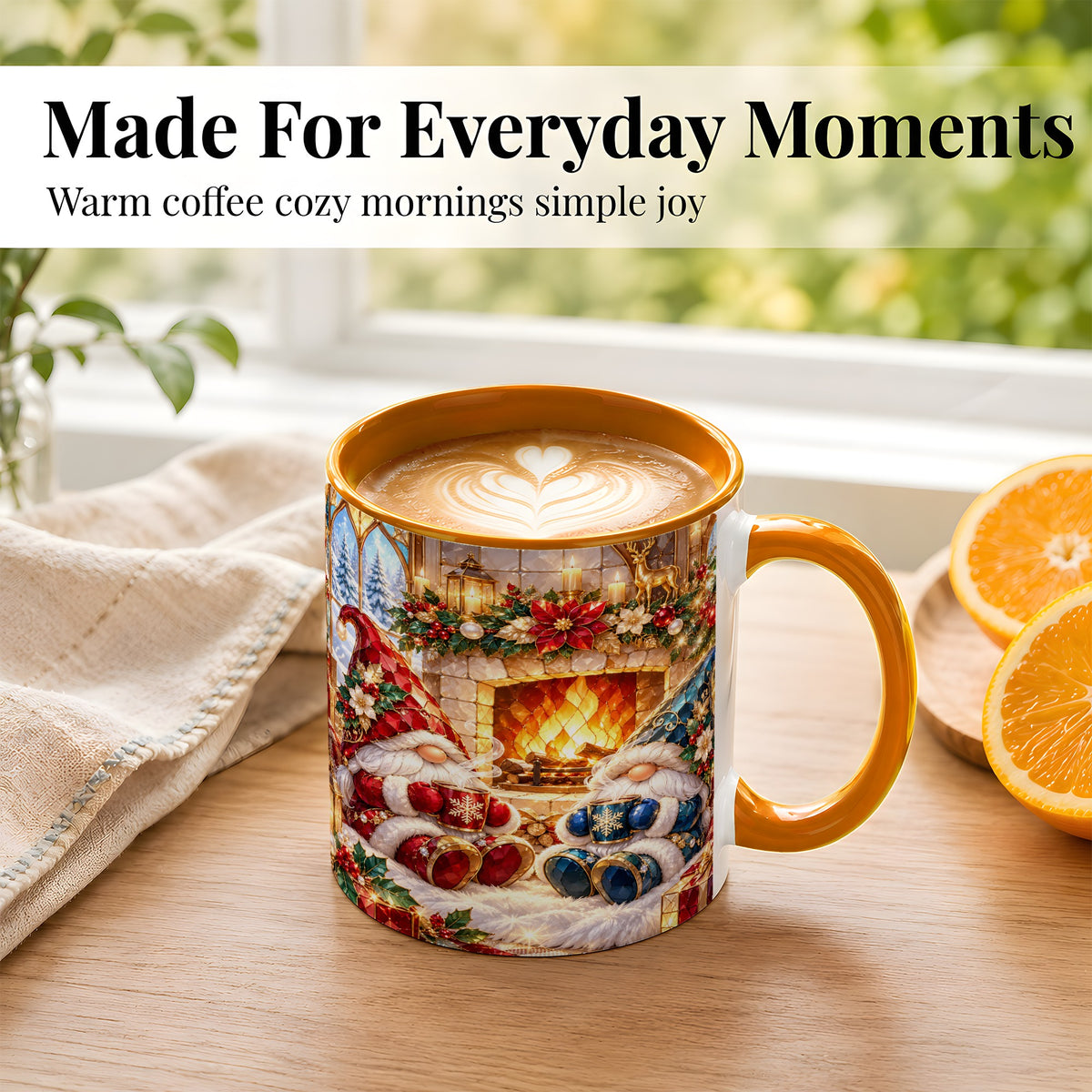 #pl[11oz|Orange] Christmas Gnome Coffee Mug, Cozy Fireplace Mug, Ceramic Cup
