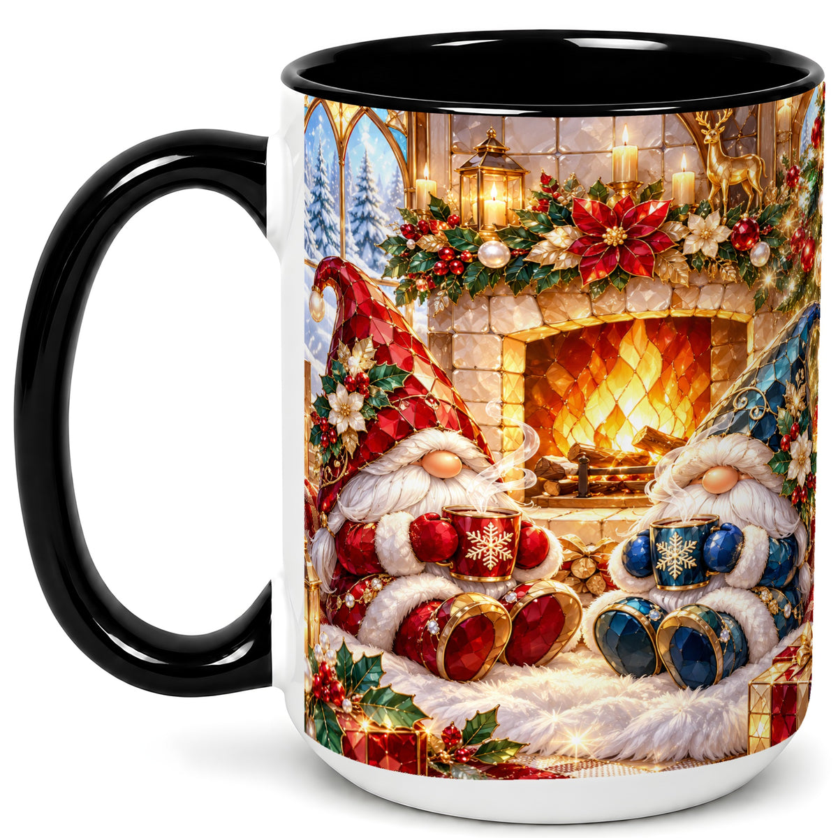 #pl[15oz|Black] Christmas Gnome Coffee Mug, Cozy Fireplace Mug, Ceramic Cup