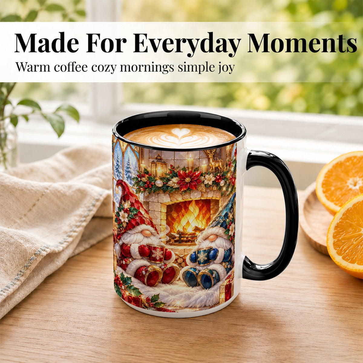 #pl[15oz|Black] Christmas Gnome Coffee Mug, Cozy Fireplace Mug, Ceramic Cup