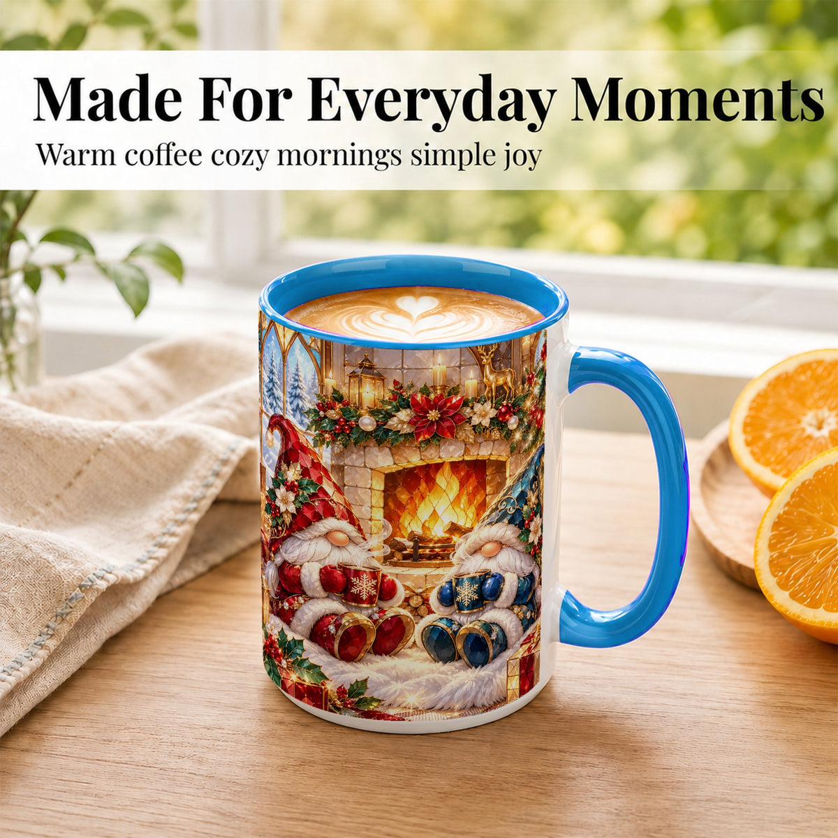 #pl[15oz|Blue] Christmas Gnome Coffee Mug, Cozy Fireplace Mug, Ceramic Cup