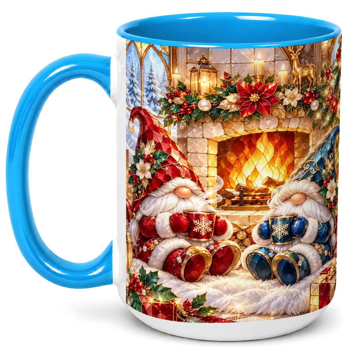#pl[15oz|Blue] Christmas Gnome Coffee Mug, Cozy Fireplace Mug, Ceramic Cup