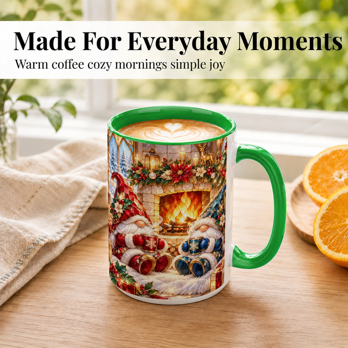 #pl[15oz|Green] Christmas Gnome Coffee Mug, Cozy Fireplace Mug, Ceramic Cup