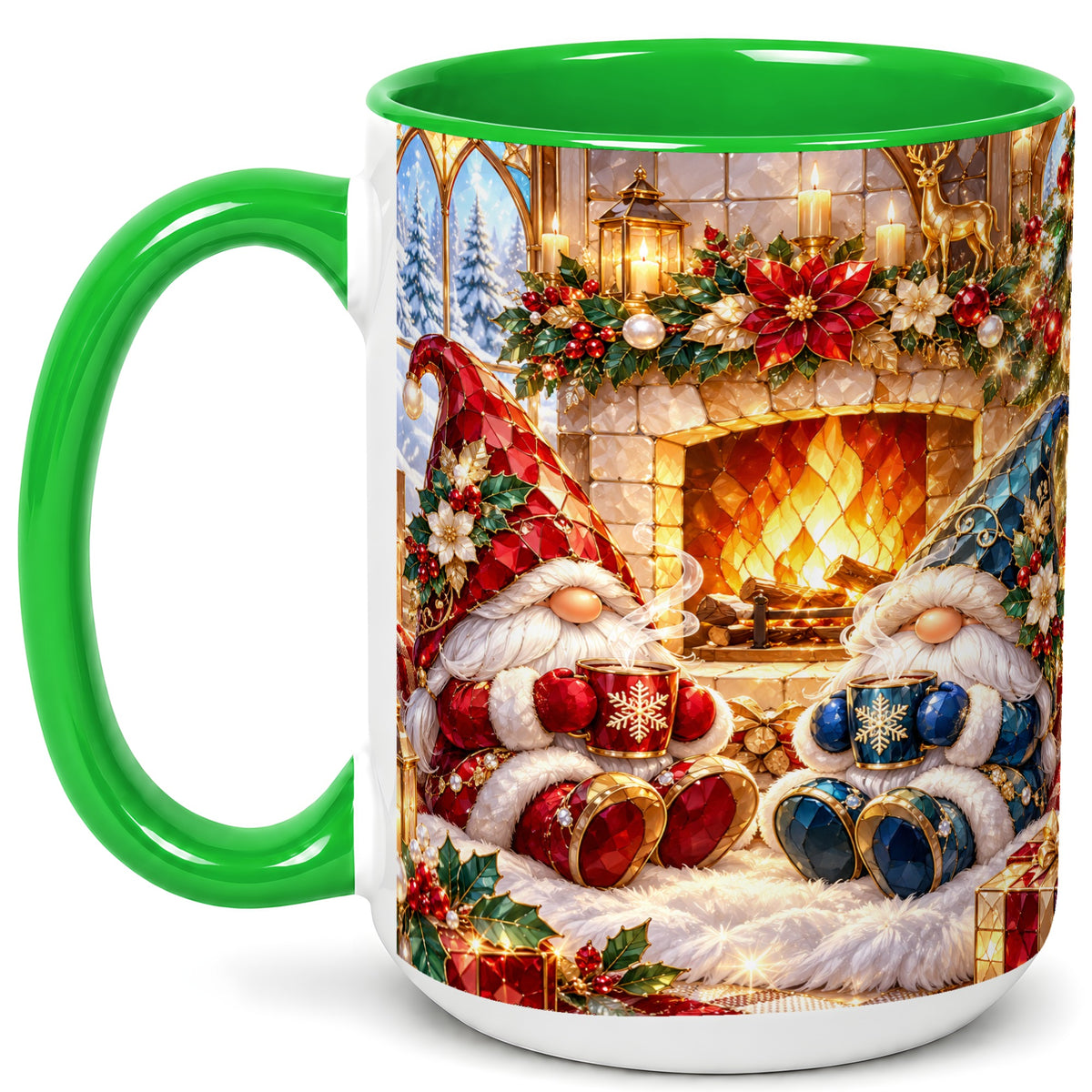 #pl[15oz|Green] Christmas Gnome Coffee Mug, Cozy Fireplace Mug, Ceramic Cup