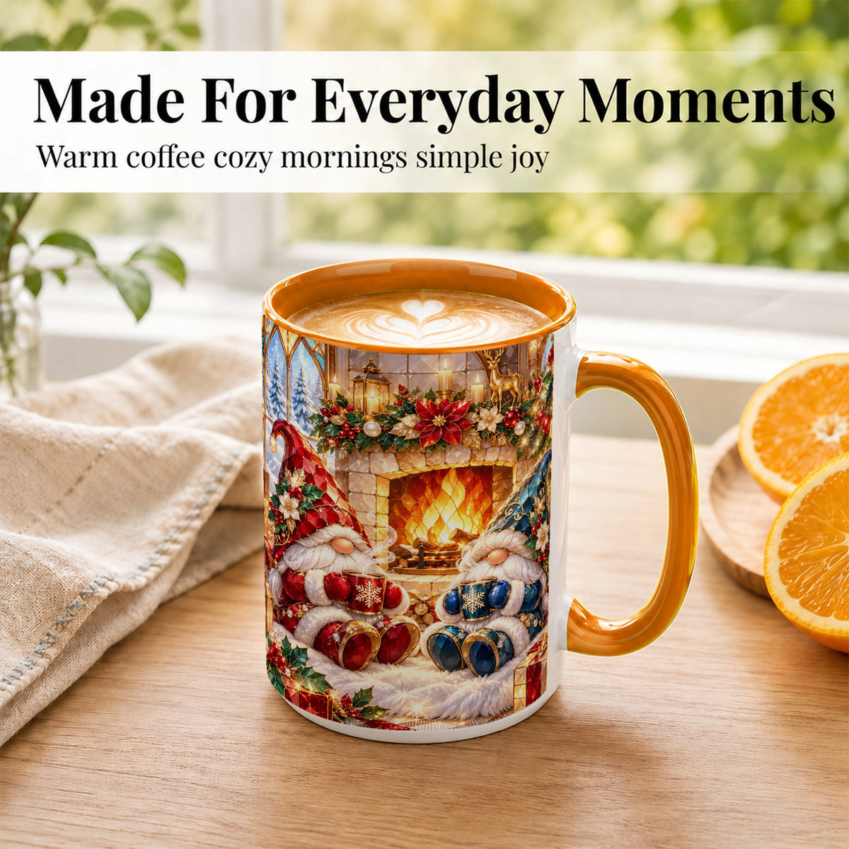 #pl[15oz|Orange] Christmas Gnome Coffee Mug, Cozy Fireplace Mug, Ceramic Cup