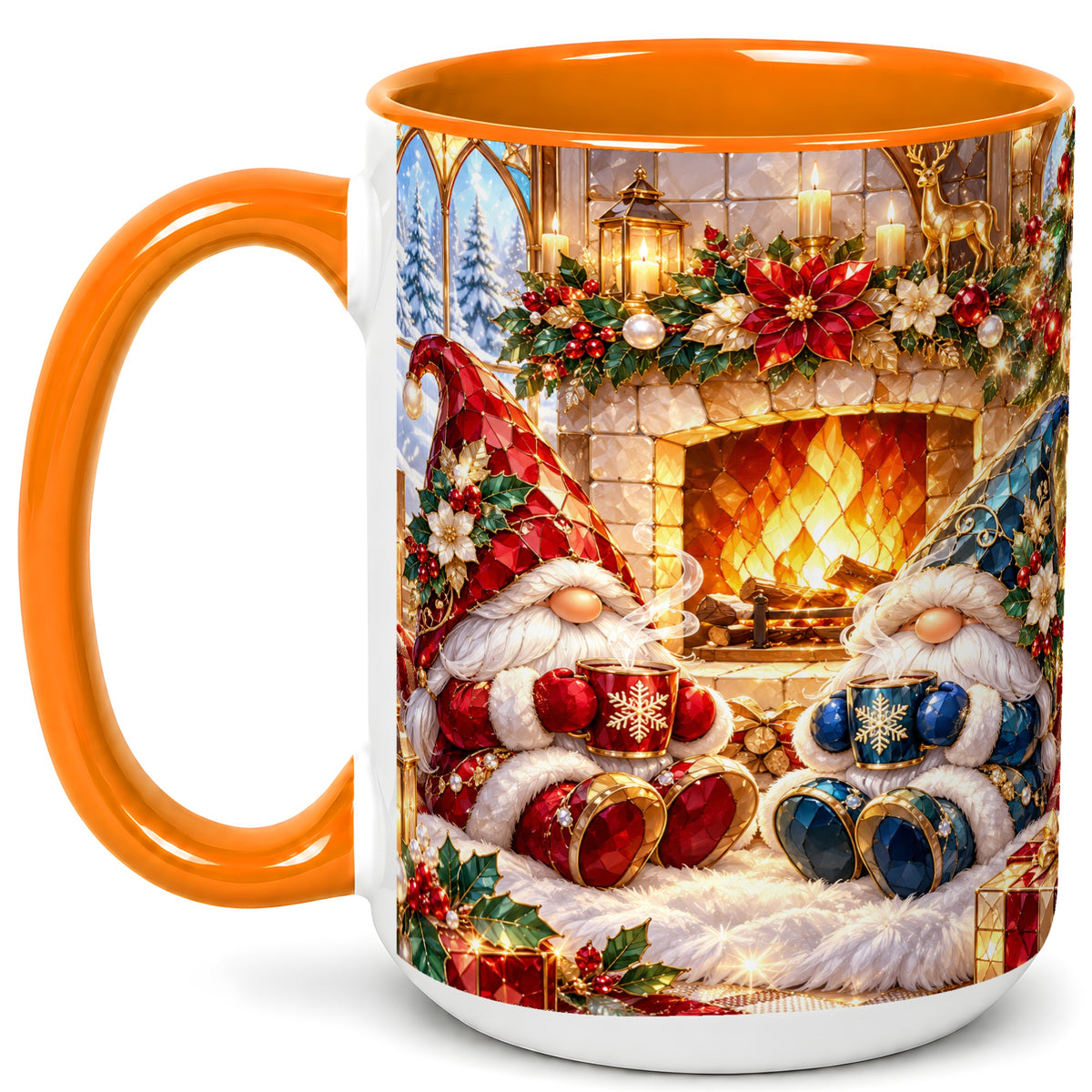 #pl[15oz|Orange] Christmas Gnome Coffee Mug, Cozy Fireplace Mug, Ceramic Cup