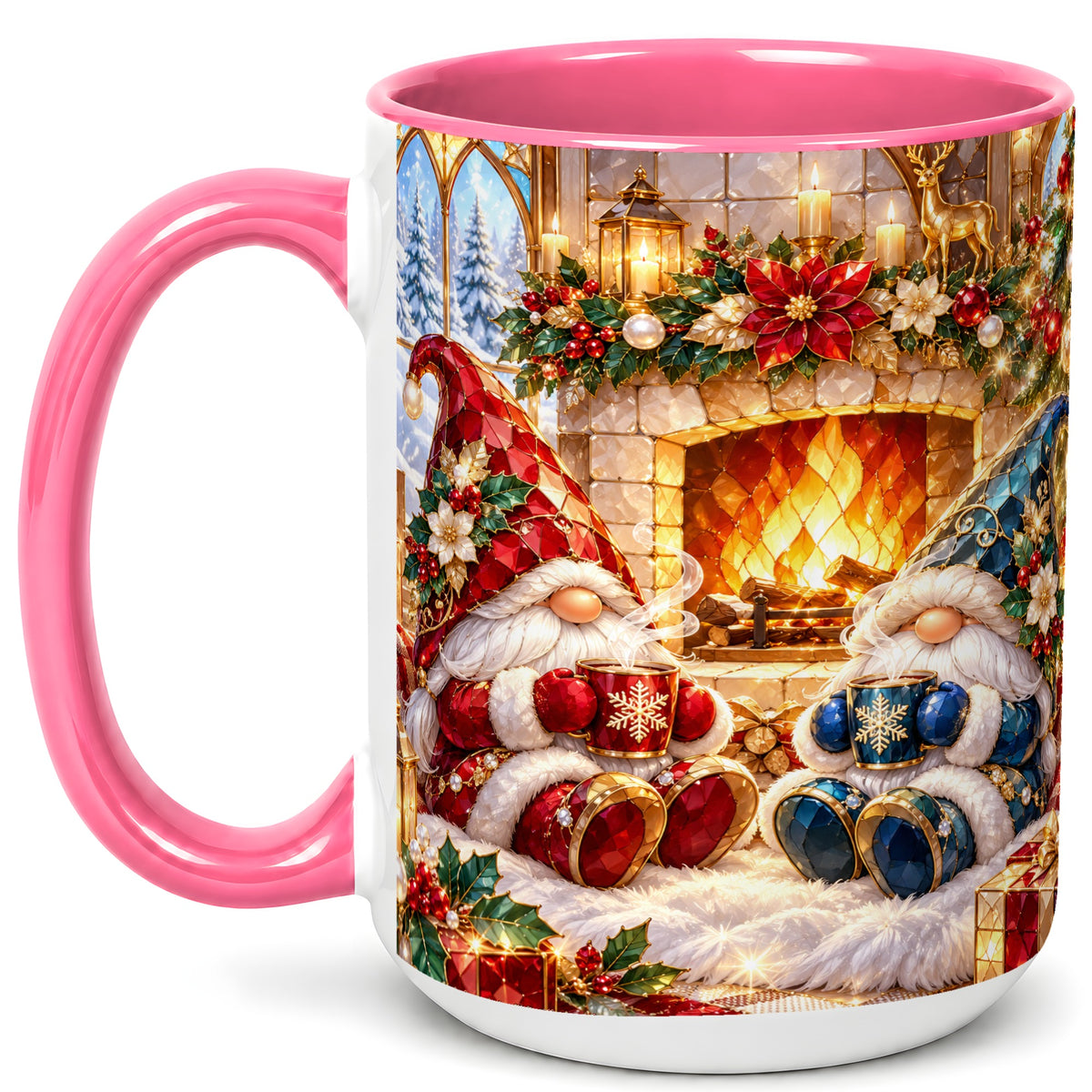 #pl[15oz|Pink] Christmas Gnome Coffee Mug, Cozy Fireplace Mug, Ceramic Cup