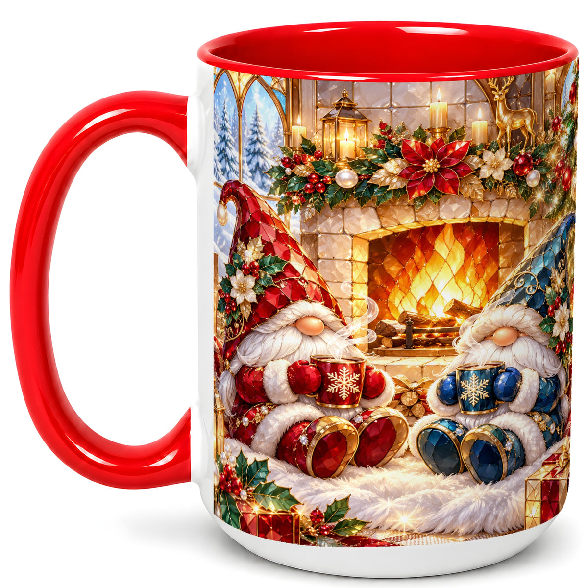#pl[15oz|Red] Christmas Gnome Coffee Mug, Cozy Fireplace Mug, Ceramic Cup