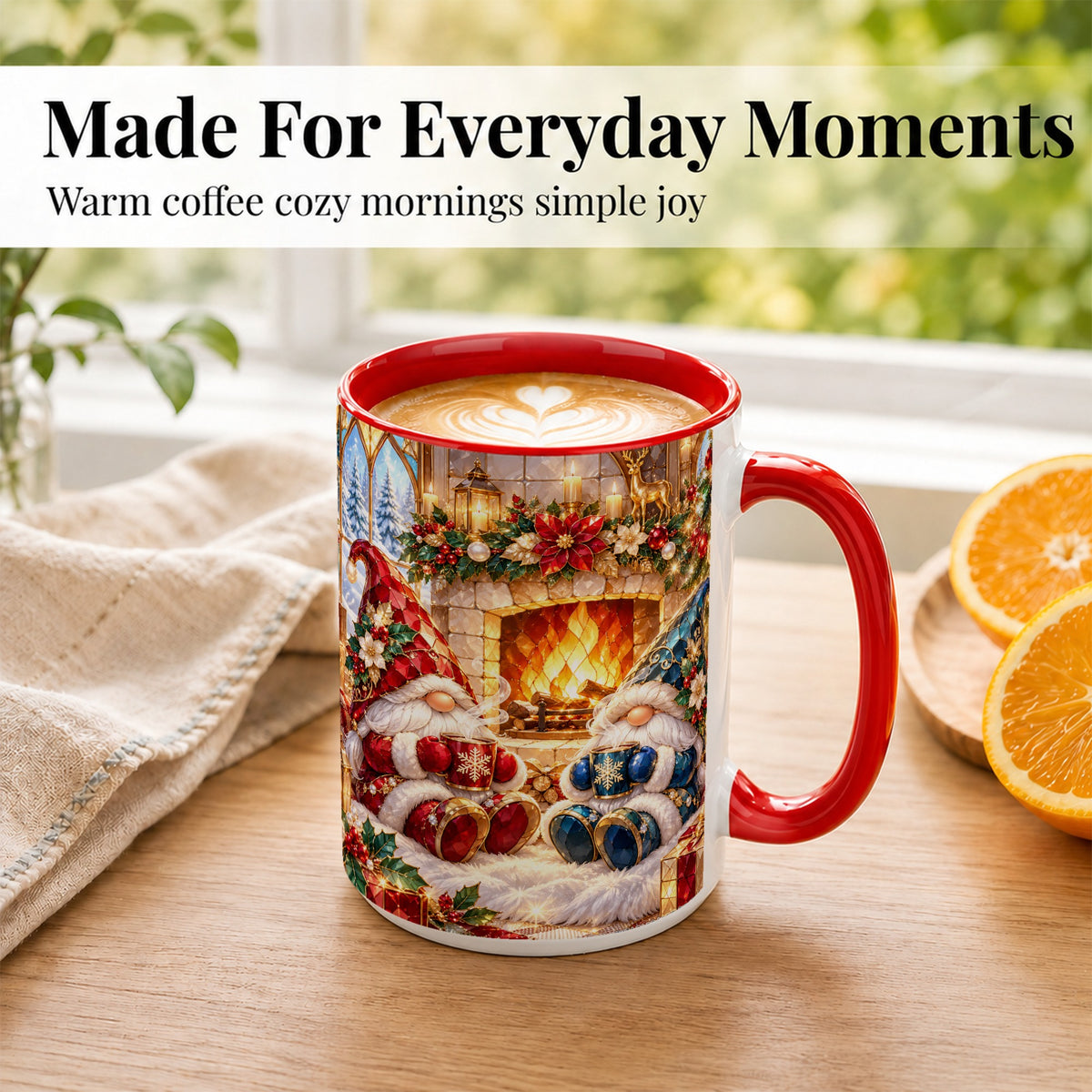 #pl[15oz|Red] Christmas Gnome Coffee Mug, Cozy Fireplace Mug, Ceramic Cup