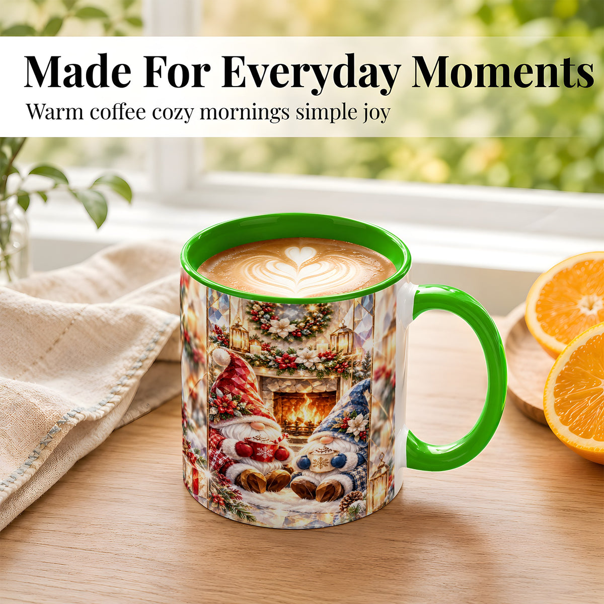 #pl[11oz|Green] Crystal Gnome Coffee Mug, Cozy Fireplace Mug, Ceramic Cup