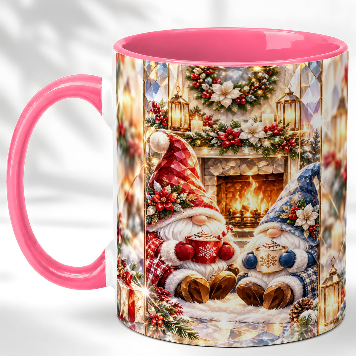 #pl[11oz|Pink] Crystal Gnome Coffee Mug, Cozy Fireplace Mug, Ceramic Cup