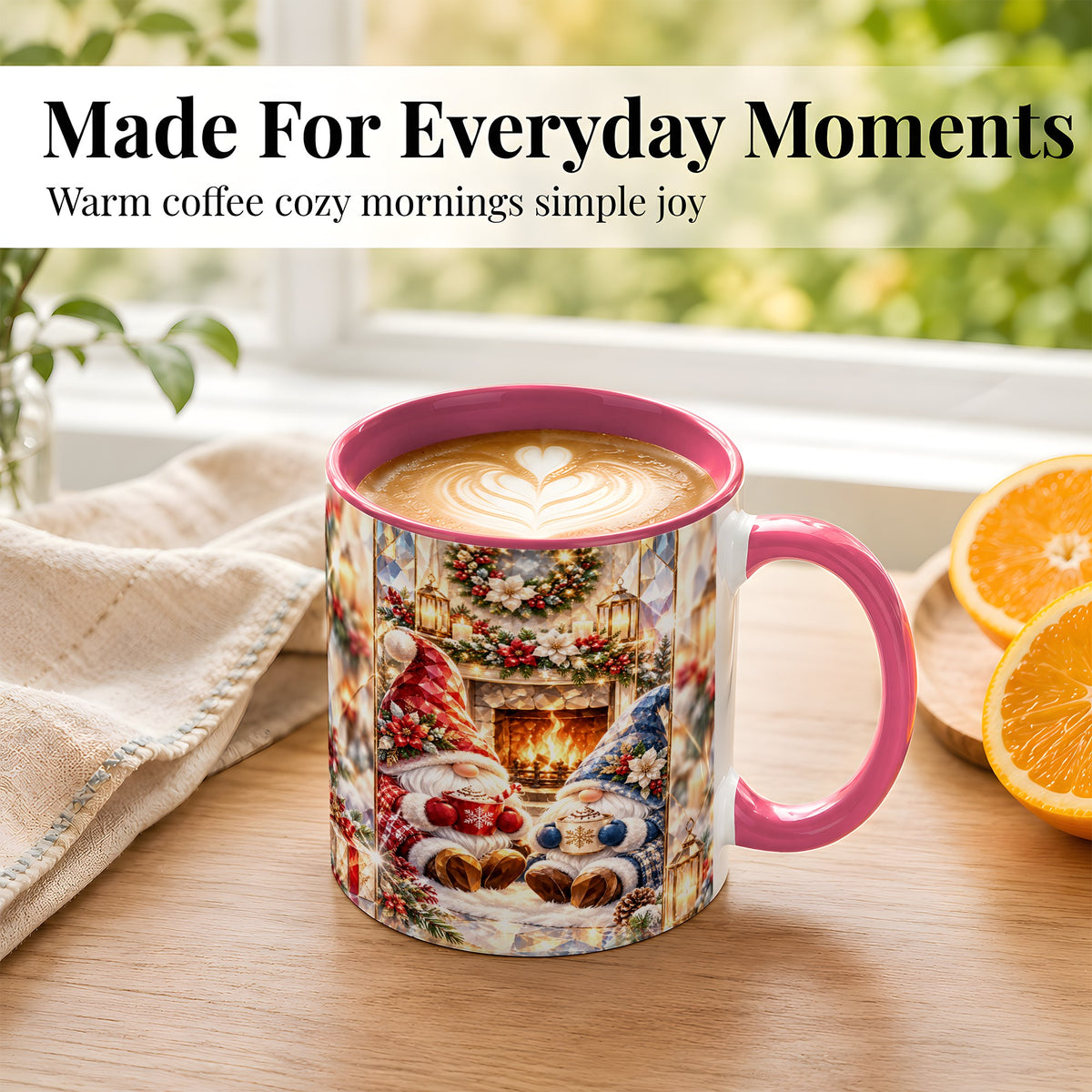 #pl[11oz|Pink] Crystal Gnome Coffee Mug, Cozy Fireplace Mug, Ceramic Cup