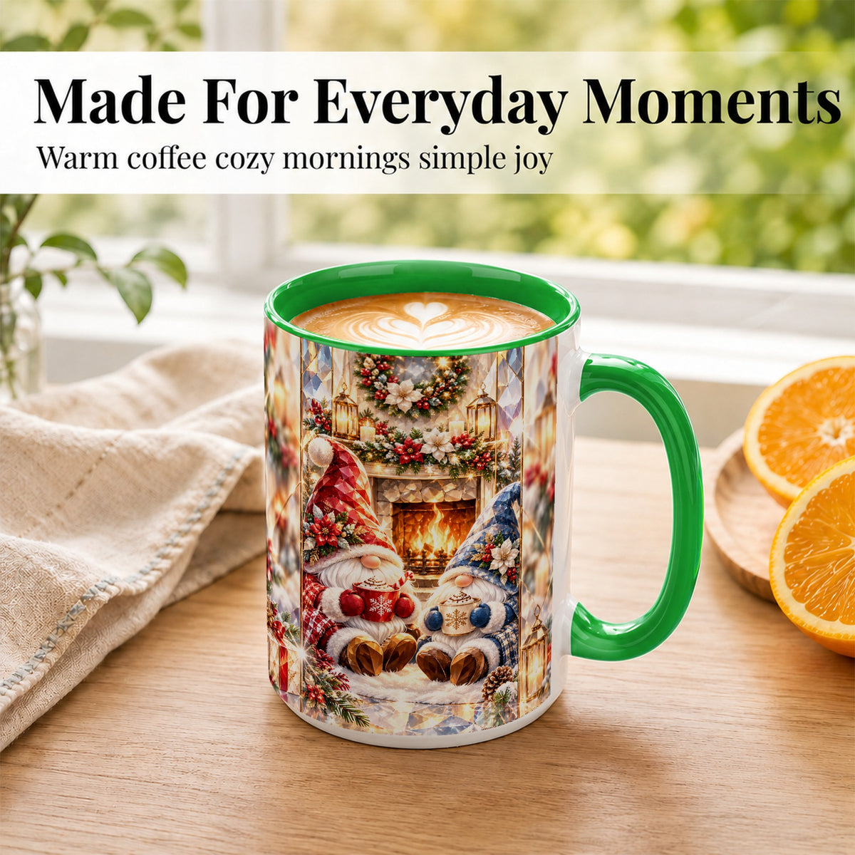 #pl[15oz|Green] Crystal Gnome Coffee Mug, Cozy Fireplace Mug, Ceramic Cup