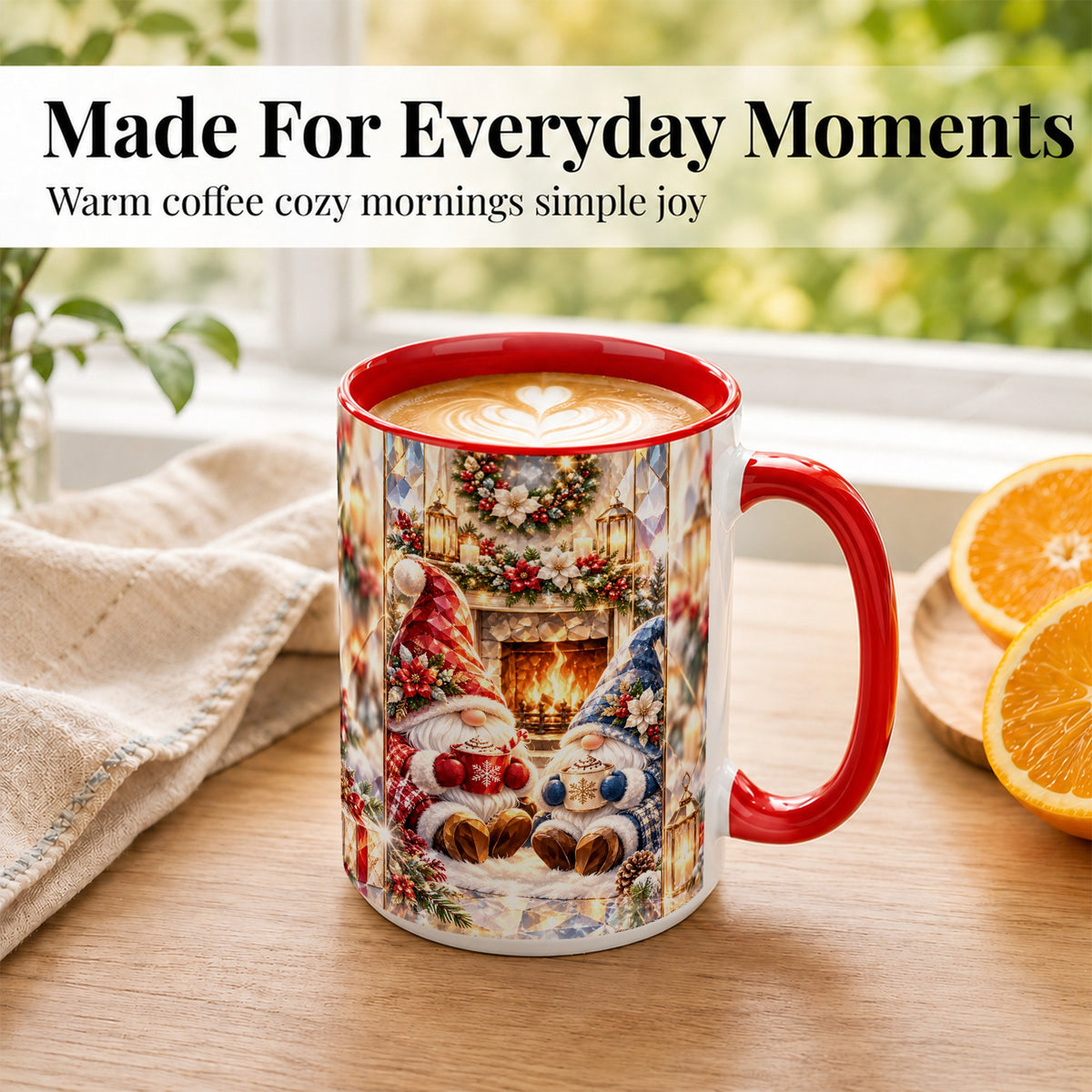 #pl[15oz|Red] Crystal Gnome Coffee Mug, Cozy Fireplace Mug, Ceramic Cup