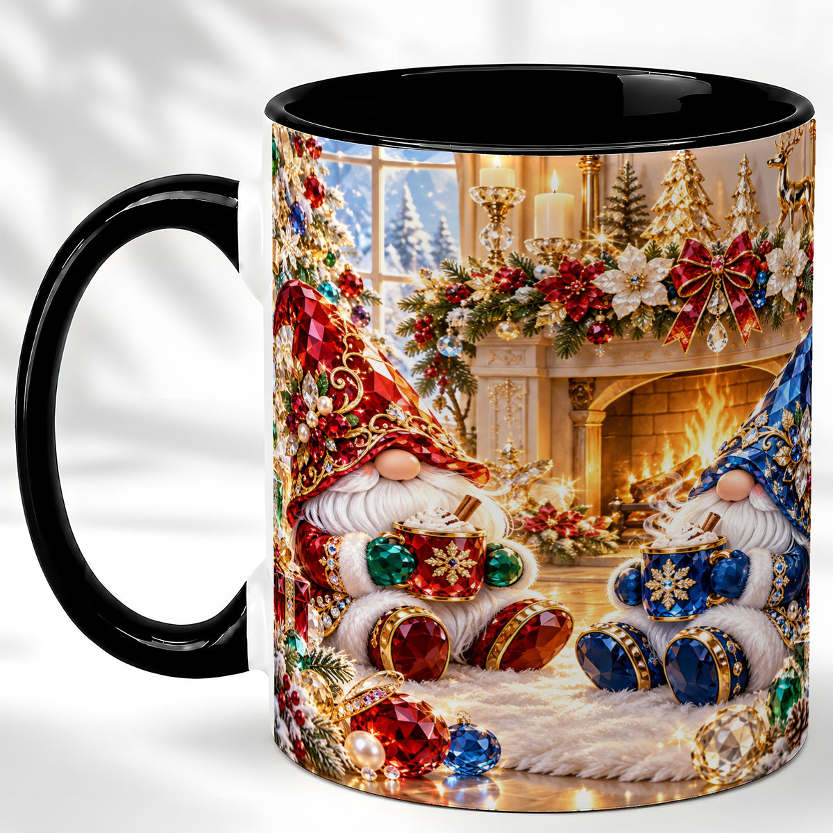 #pl[11oz|Black] Gemstone Gnome Coffee Mug, Festive Fireplace Mug, Ceramic Cup