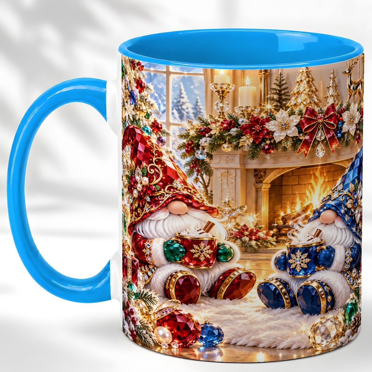 #pl[11oz|Blue] Gemstone Gnome Coffee Mug, Festive Fireplace Mug, Ceramic Cup