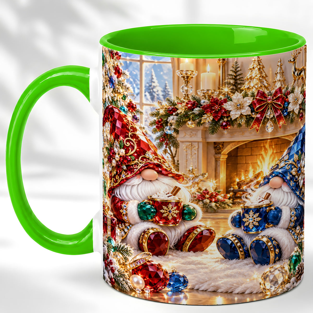 #pl[11oz|Green] Gemstone Gnome Coffee Mug, Festive Fireplace Mug, Ceramic Cup