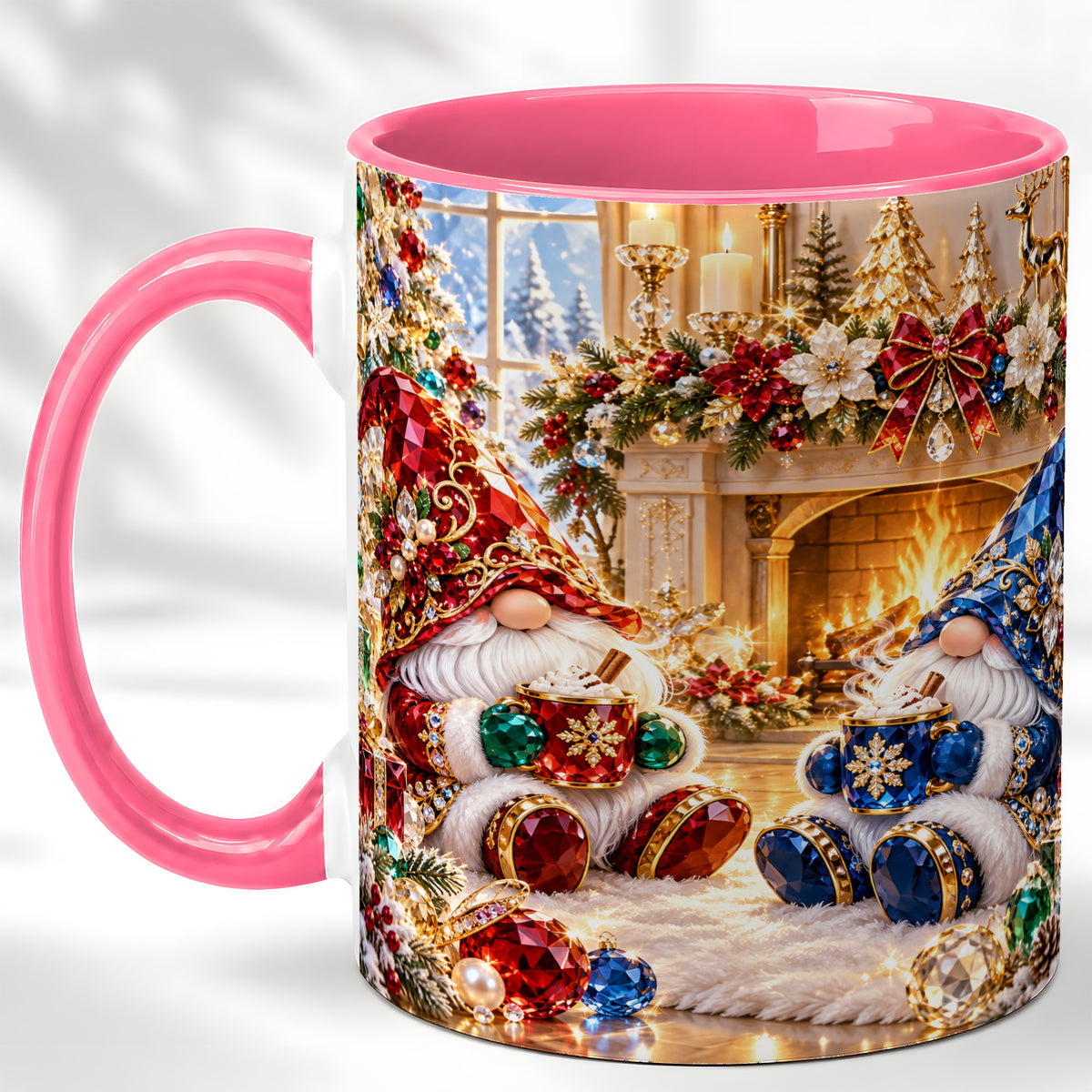 #pl[11oz|Pink] Gemstone Gnome Coffee Mug, Festive Fireplace Mug, Ceramic Cup
